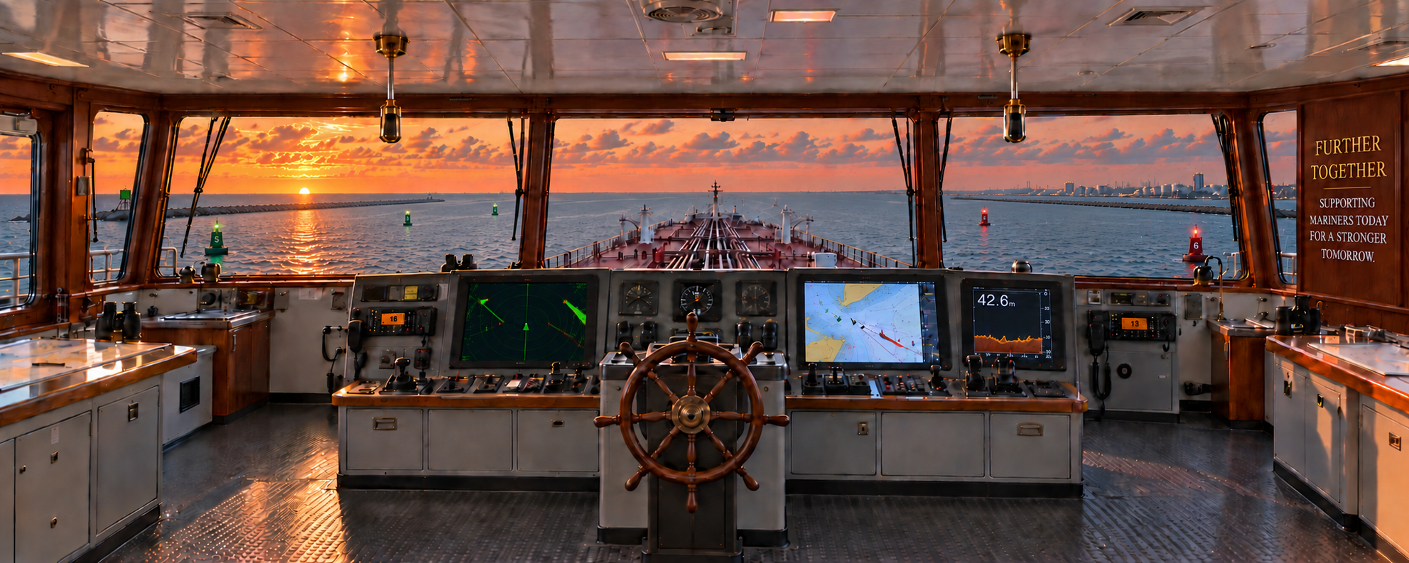 Spacious tanker bridge with white overhead, mahogany window trim, wooden wheel, brass searchlight handles and illuminated radios, looking into a wide Gulf Coast channel at sunset. Further Together: Supporting mariners today for a stronger tomorrow.